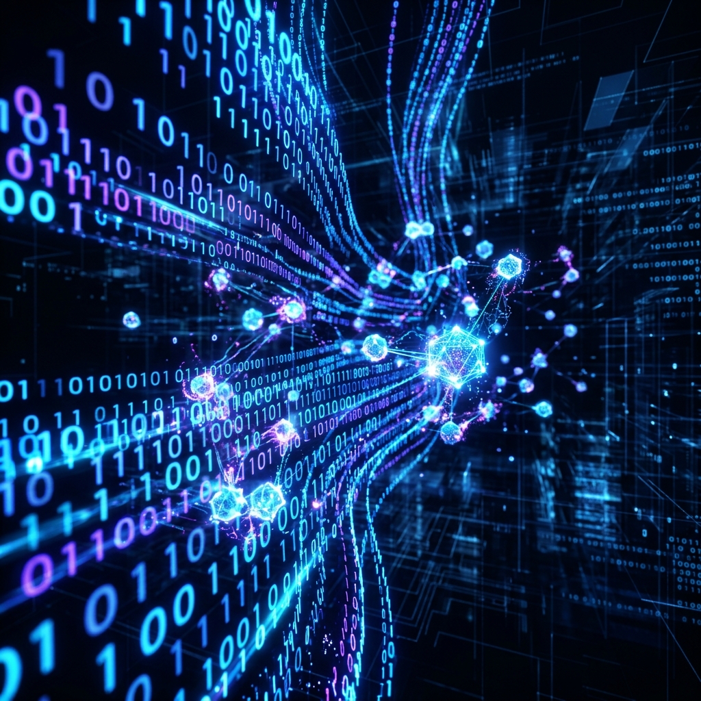 Abstract digital art of glowing binary code streams and data nodes floating in a dark 3D space, vibrant blue and purple neon colors, depth of field, futuristic tech background. No people.